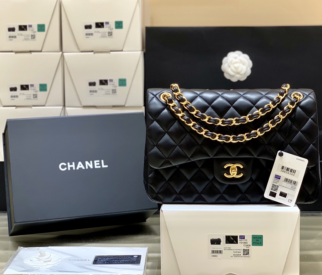 Ch@nel Flap Bag-Lambskin-Gold-30CM