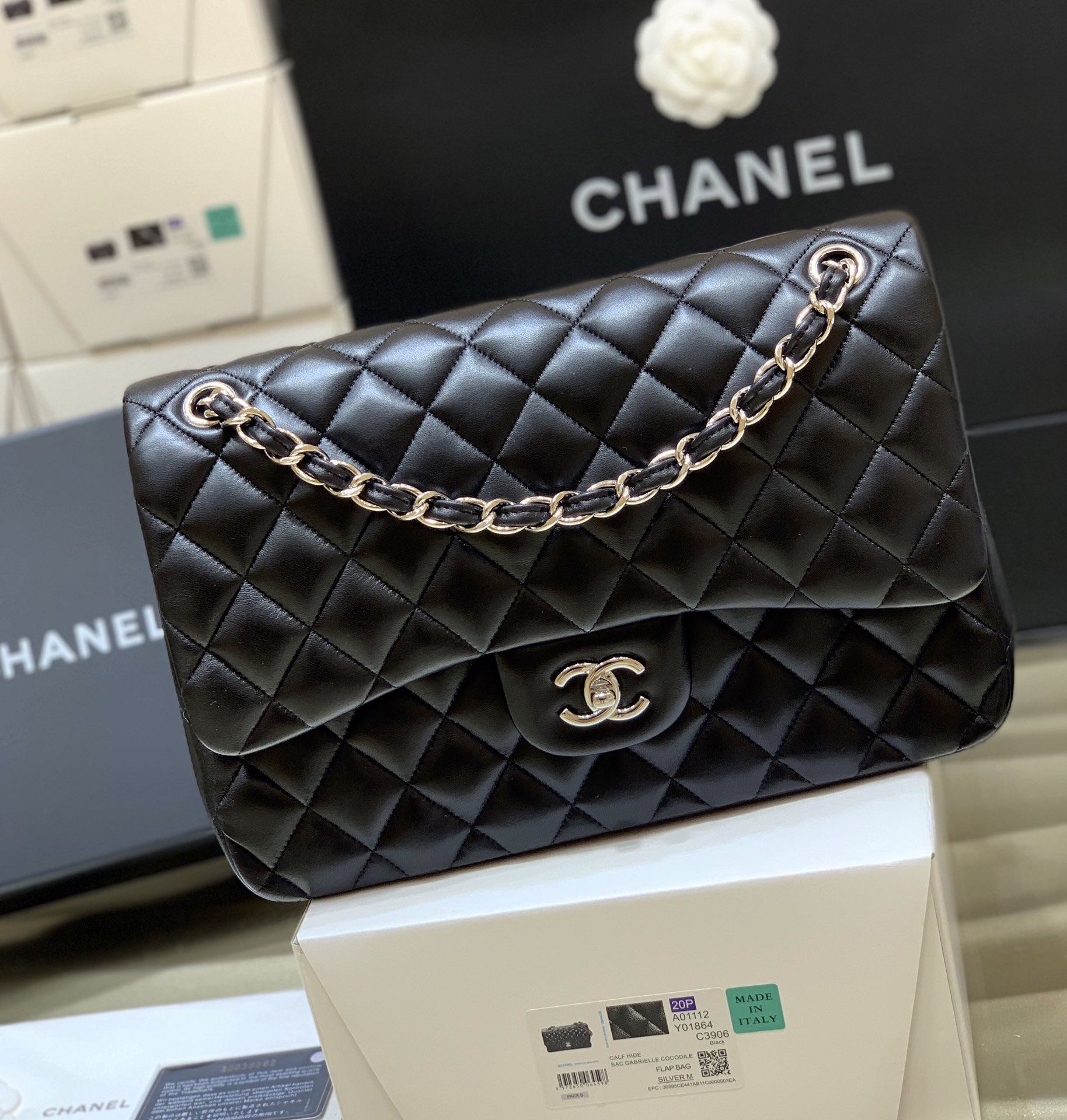 Ch@nel Flap Bag-Lambskin-Silver-30CM