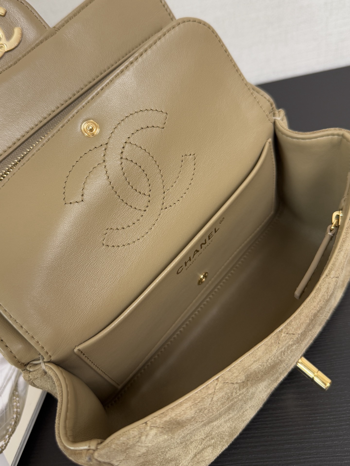 Ch@nel Suede Calfskin Mini Flap Bag In Dark Beige With Gold-tone-13*20*6CM