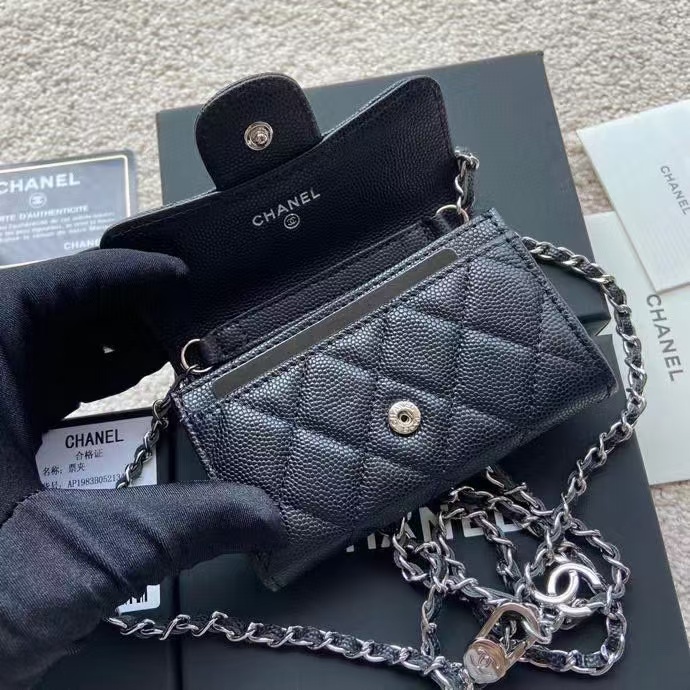 Ch@nel Black Quilted Caviar Leather Card Holder On Chain-11*7CM