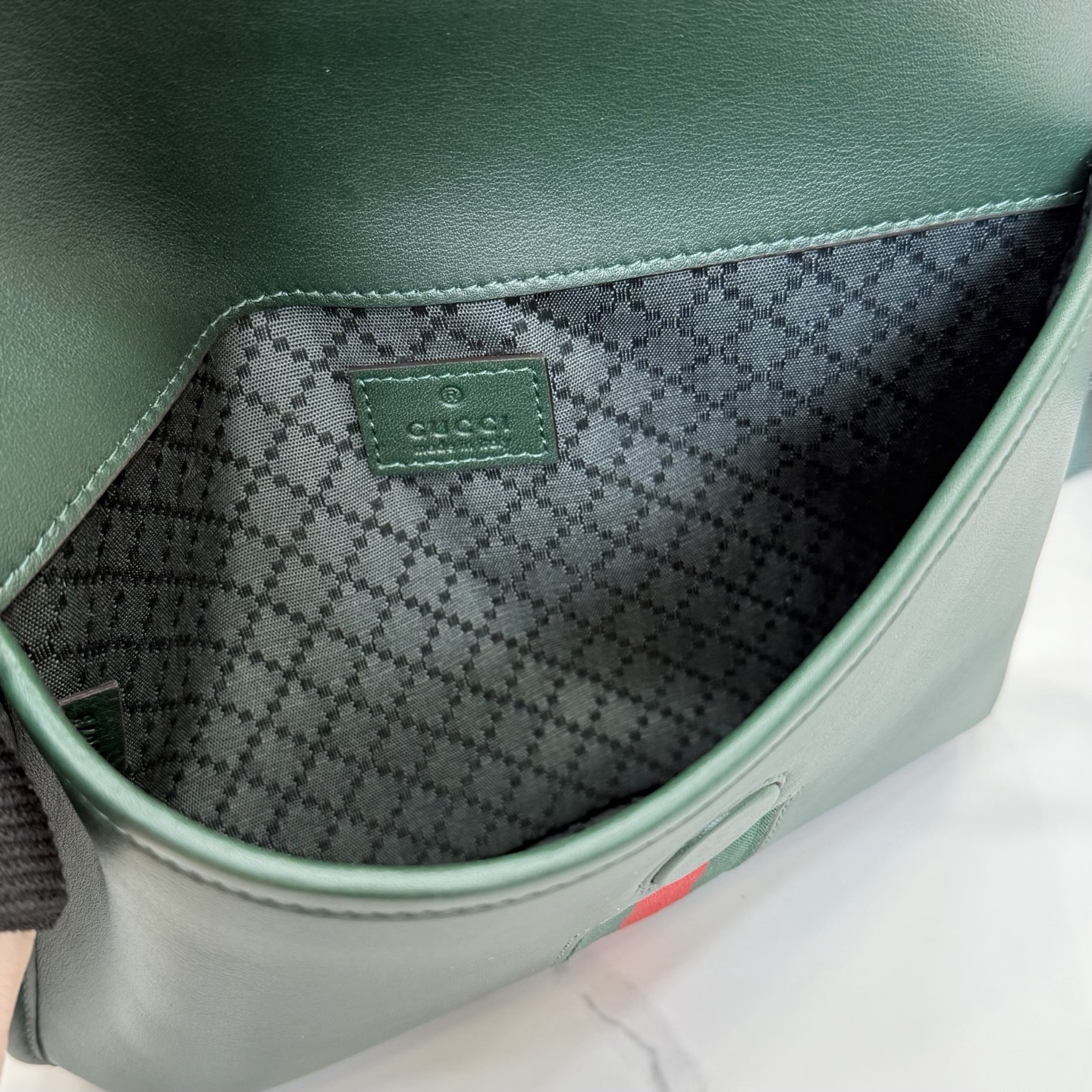 Gv*c*Web Trademark Small Belt Bag In Dark Green Leather -24*17*3.5CM