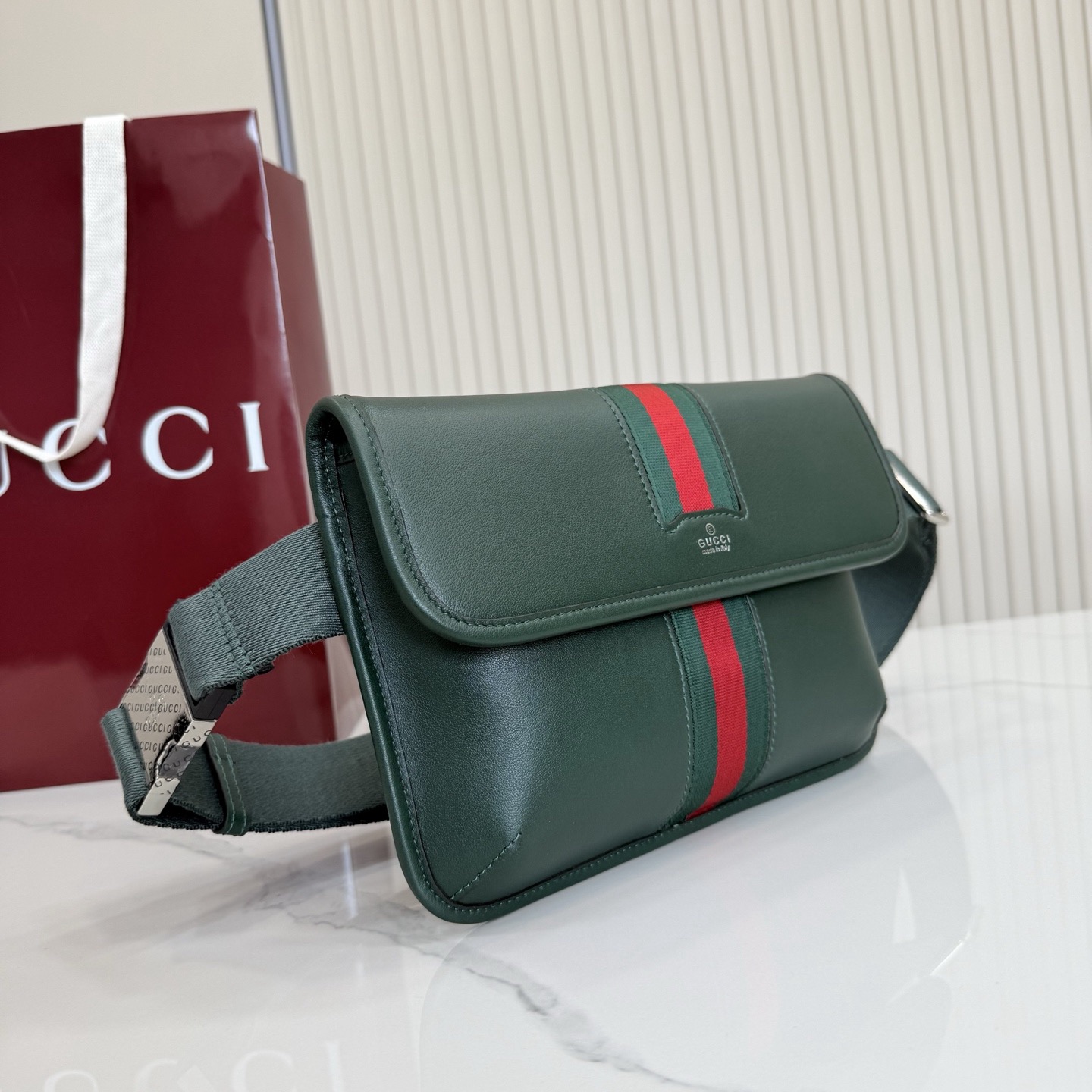 Gv*c*Web Trademark Small Belt Bag In Dark Green Leather -24*17*3.5CM
