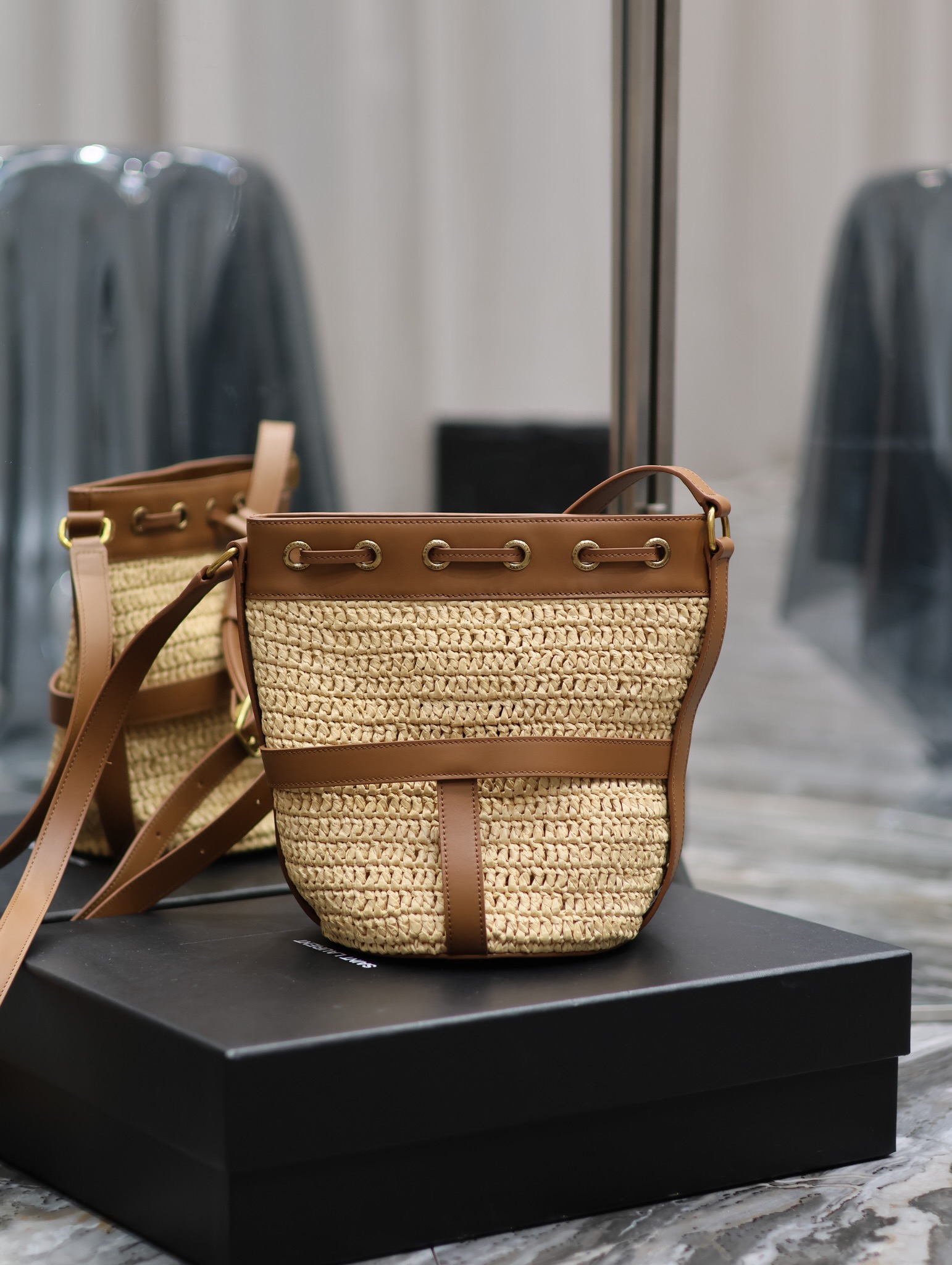 Y*L raffia straw craft bucket bag-22×15×15cm