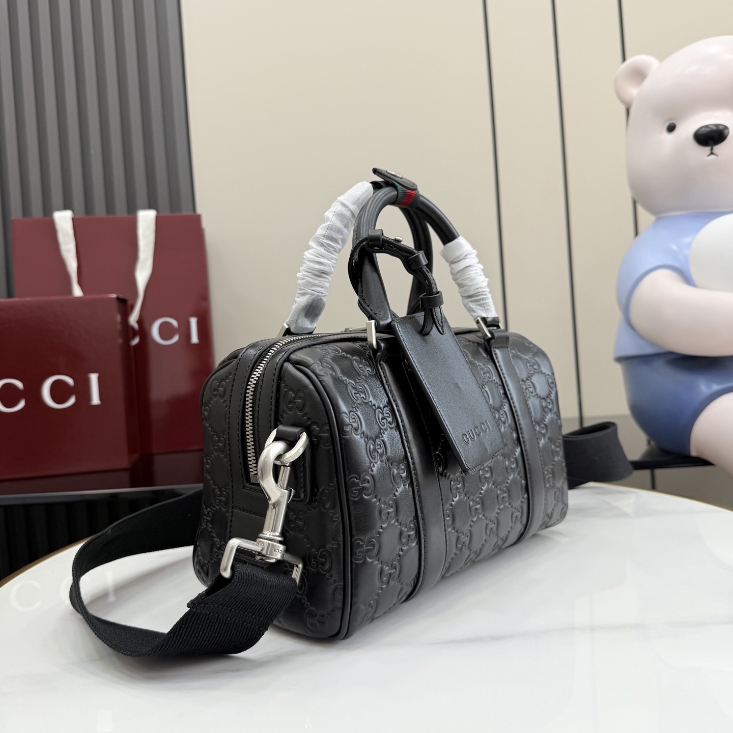 Gv*c* GG Emblem Small Duffle Bag In Black GG leather -25*16*14CM