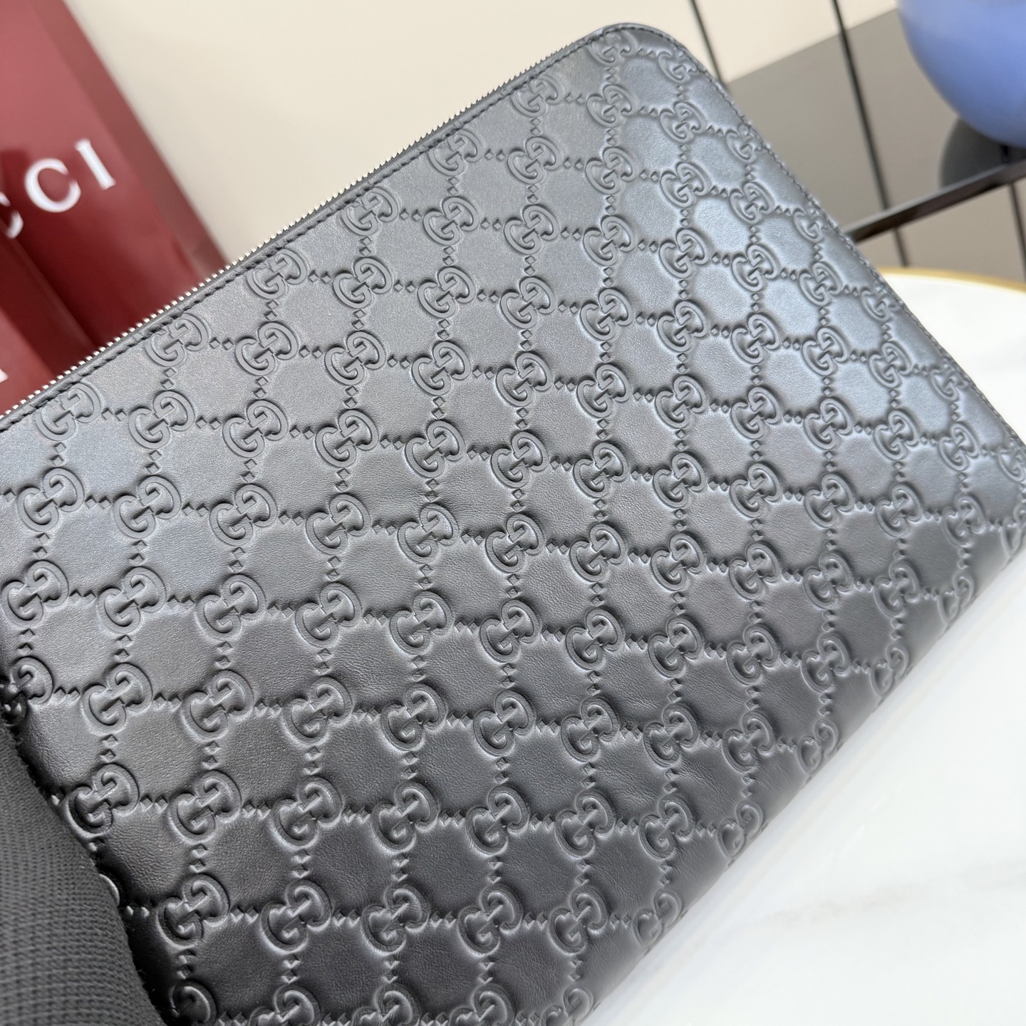 GG Emblem Pouch In Black GG leather-30*22*2.5CM