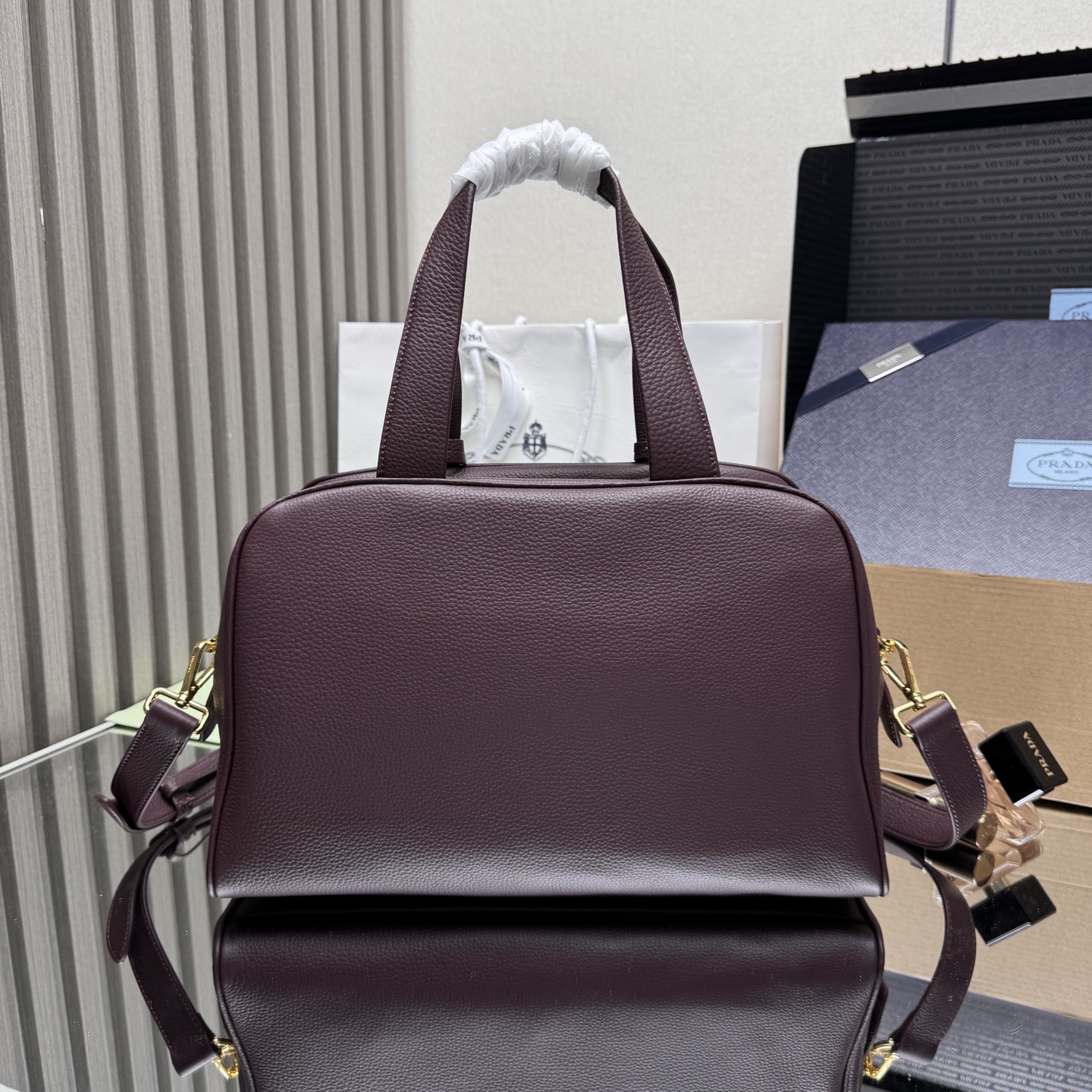 Pra*a Leather Handbag 1BB148-33*22*14CM