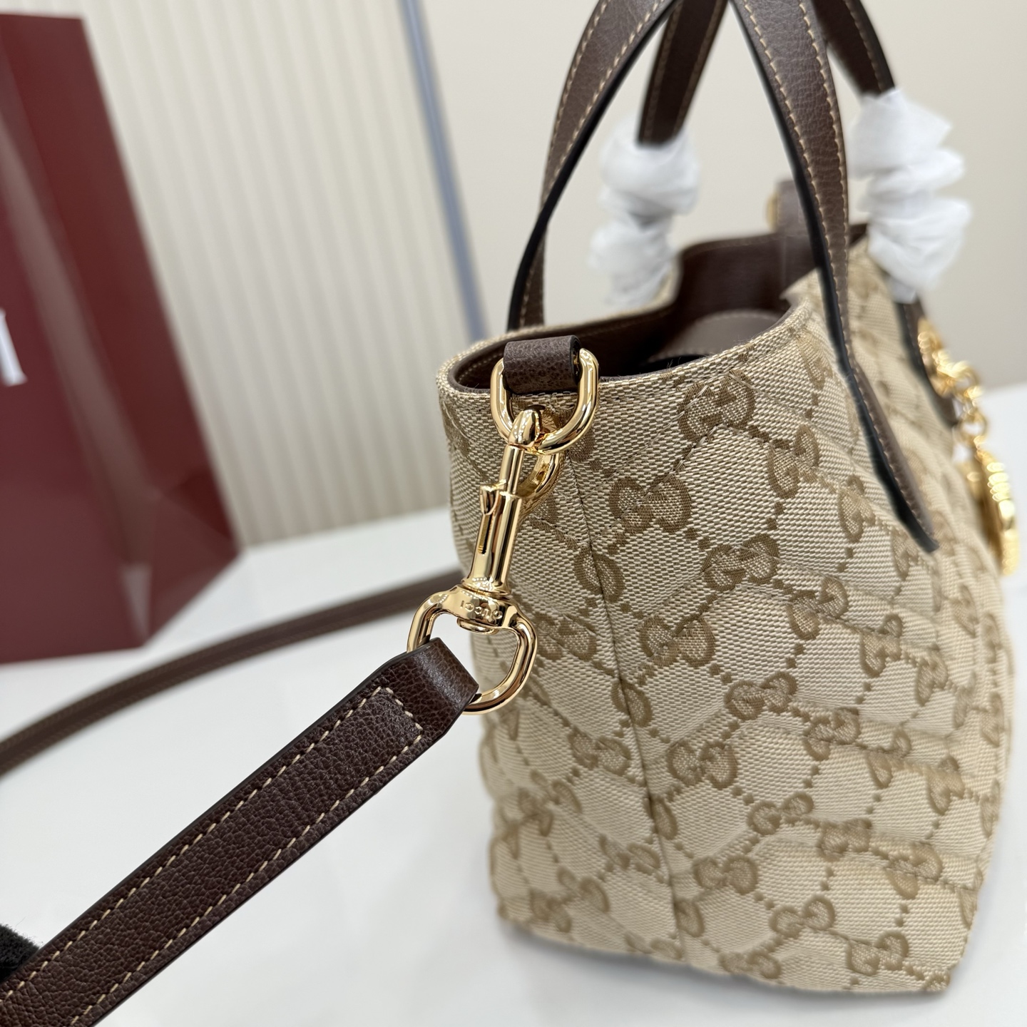 Gv*c* GG Marmont Small Tote Bag in Sand And Brown GG Canvas-17*5*17*12.5CM