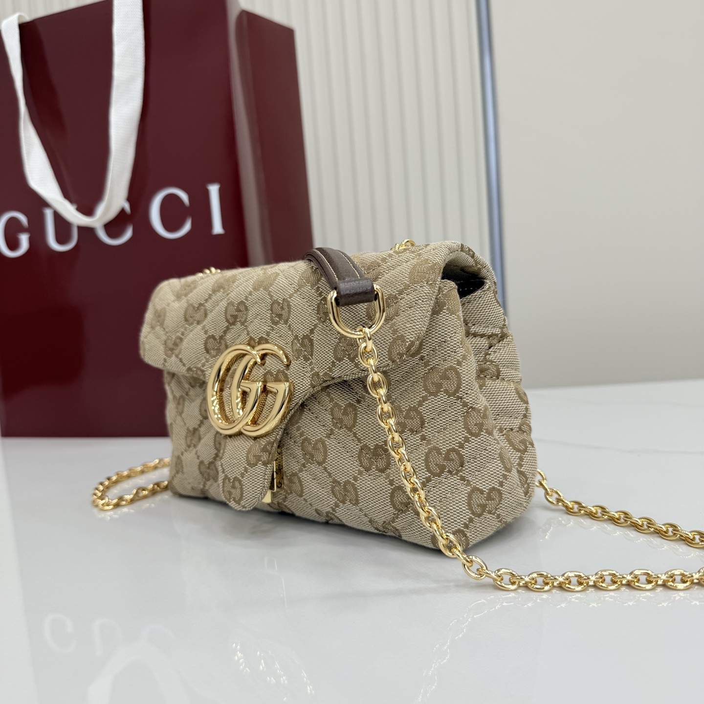 Gv*c* GG Marmont Mini Shoulder Bag In Sand And Brown GG-18.5*11.5*7CM