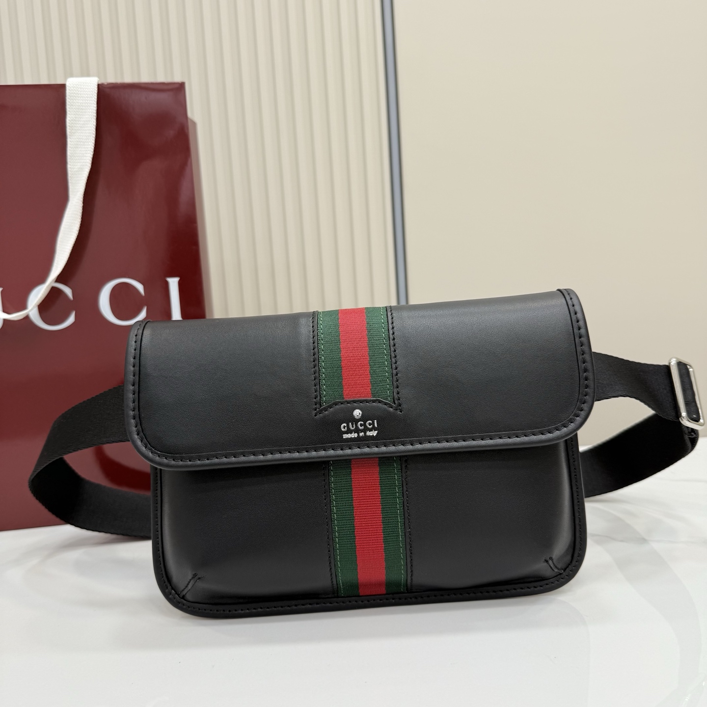 Gv*c* Web Trademark Small Belt Bag In Black Leather