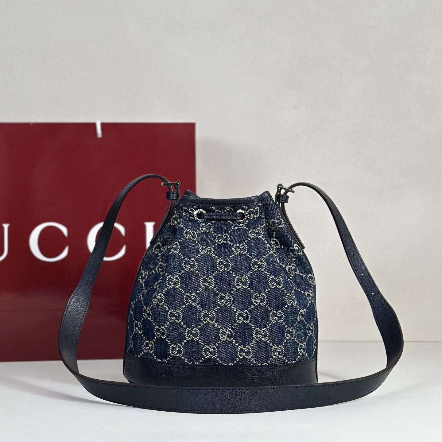 Guc*ci Venice Bucket Bag In Dark Blue GG Canvas-20.5*23*14CM