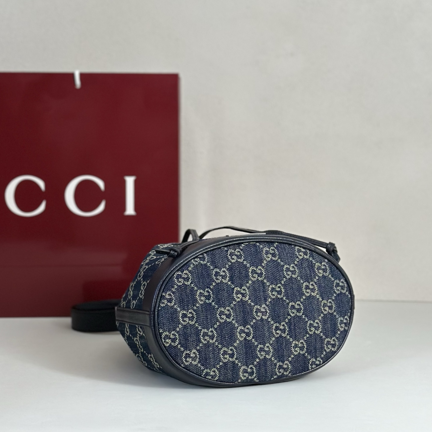 Guc*ci Venice Bucket Bag In Dark Blue GG Canvas-20.5*23*14CM