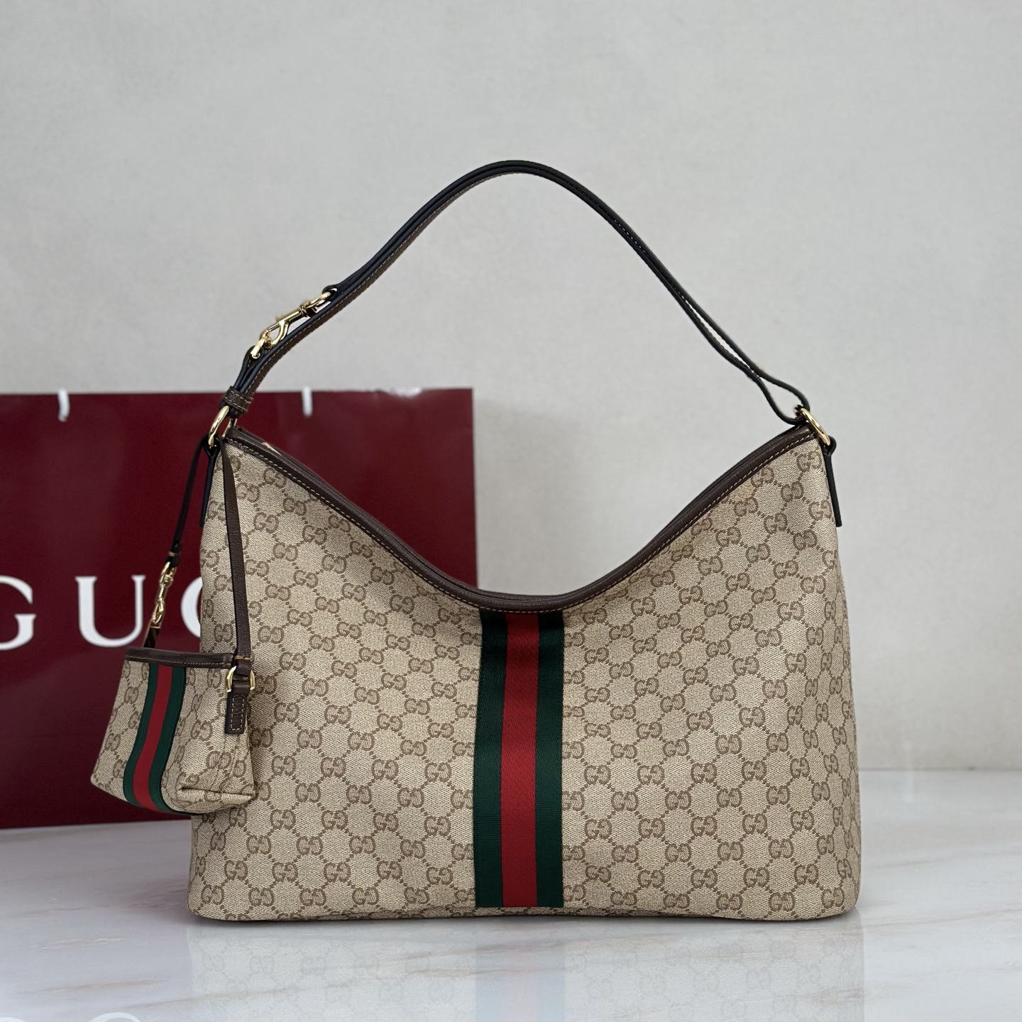 Gv*c*Large Shoulder Bag With Web In Sand And Brown GG canvas-39.5*29*15.5CM