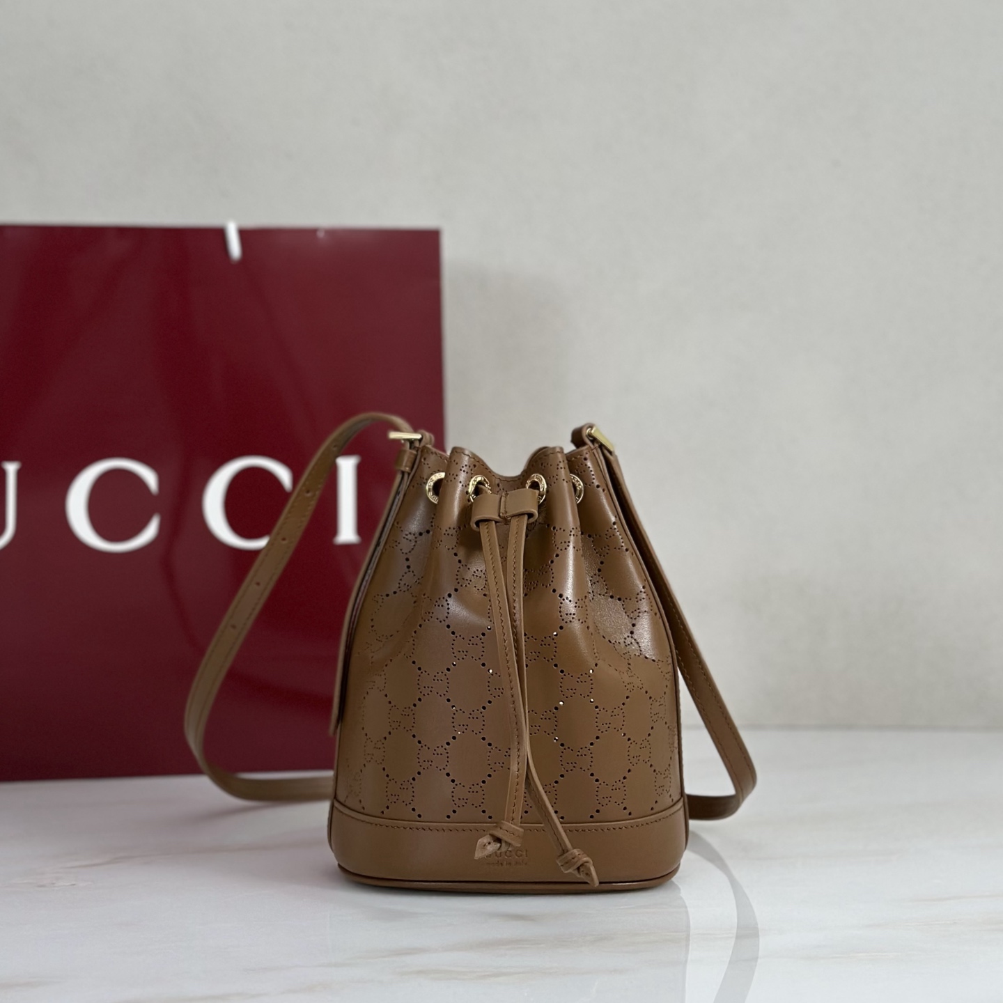 G*ucci Venice Small Bucket Bag In Brown GG Leather-15.5*19.5*10.5CM