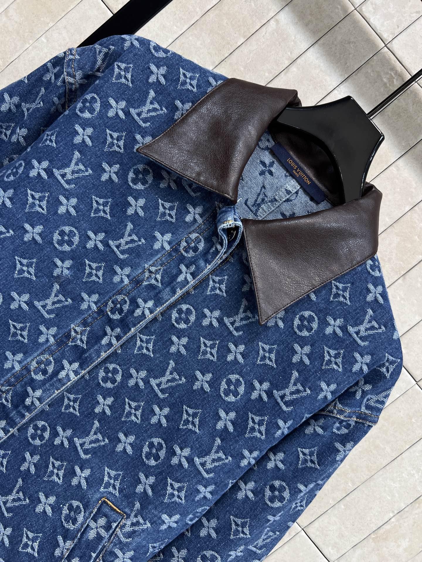 L*V Denim Jacket with Leather Collar & Panels